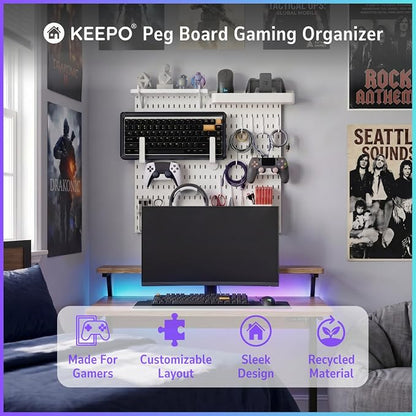 Keepo Peg Board Wall Organizer for Gaming Setup, Pegboard with Adhesives & Screw Mounts, Includes Peg Board Accessories for Gaming Accessories, Tech Storage & Office Organization (White, 22″×22″)