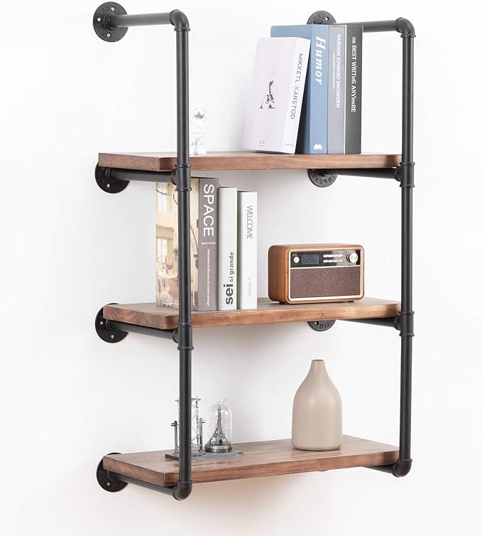 Industrial Wall Mounted Pipe Shelving,Rustic Metal Floating Shelves,Steampunk Real Wood Bookcases,DIY Bookshelf Hanging Shelves,Farmhouse Kitchen Bar Office Home Storage (4-Tier with 3 Boards,24in)