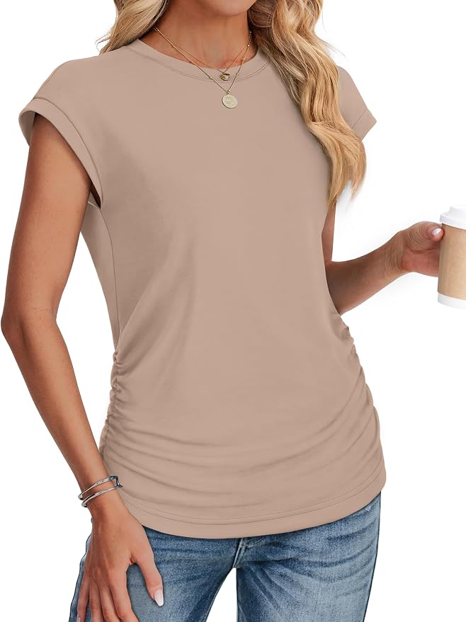 Sampeel Womens Summer Tops Trendy 2026 Ruched Cap Short Sleeve Tshirts Shirts Crew Neck T Shirts Fashion