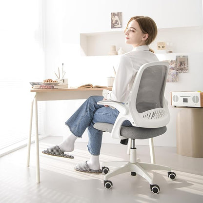 NEO CHAIR Office Desk Chair, Ergonomic Mesh with Flip-Up Armrests, Grey | Lumbar Support, Height Adjustment, 360° Swivel and Rolling Base, Space-Saving Design for Home Office, Vanity or Study