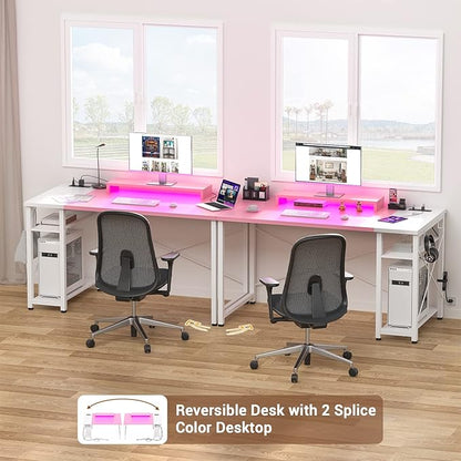 armocity Computer Desk with LED, Gaming Desk with Outlets, 40 Reversible Laptop Table with Monitor Stand, Small Desk for Small Spaces, Pink