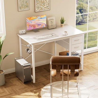 Sweetcrispy 40-Inch Computer Desk with Drawers, Office Desk, White | Small Desk for Bedroom Home Office with Side Hook, Modern Simple desk with storage for Writing