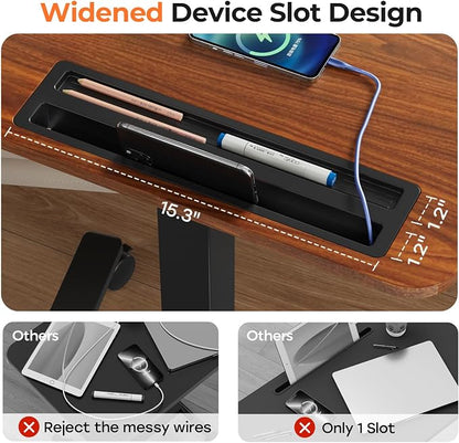 28" Mobile Standing Desk with Drawer, Portable Laptop Desk | Rolling Desk with Cup Holder and Hooks, Height Adjustable Computer Cart with Storage, Lockable & Hidden Wheels, Dark Wood