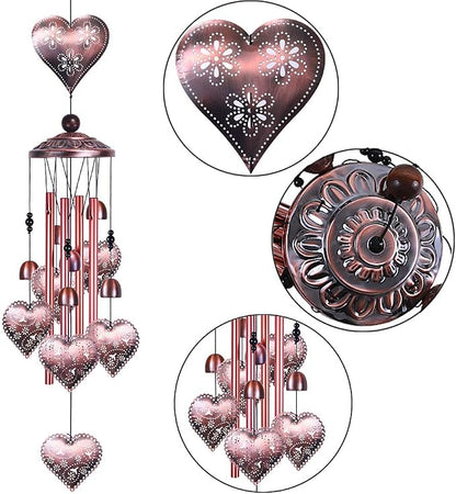 Loving Heart Wind Chimes Outdoor Indoor Decor - with 4 Aluminum Tubes 6 Bells 7 Hearts Mobile Romantic Wind Catcher Heart Shaped Windchimes for Home, Mom Gifts, Balcony, Festival, Garden Decoration