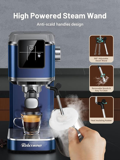 RELEXNOW Espresso Machine, 20 Bar Espresso Maker Milk Frother & LCD Panel, Hot & Iced Coffee Machine, Stainless Steel Espresso Coffee Machine with 41oz Water Tank for Cappuccino, Latte