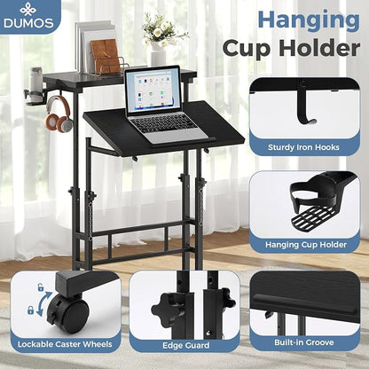 DUMOS Rolling Standing Desk, Sit Stand Desk, Computer Cart | 23.6 Inch Width, Height Adjustable, Split Top, Mobile Laptop Workstation, Office Table, Portable Design, Black