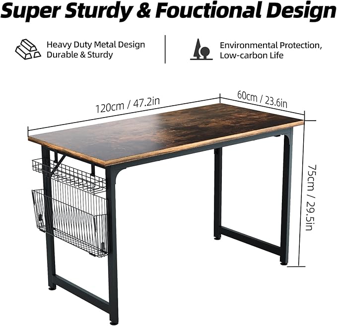 ASTARTH Study Computer Desk-47 Inch Home Office Desk, Wood Storage Table, Modern Writing Style Laptop Table, Black Metal Frame, PC Table with Storage Basket and Headphone Hooks, Rustic Brown