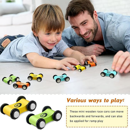 Sotiff 8 Pieces Wooden Mini Car Wood Race Car Track Ramp Replacement Toy Vehicle Play Sets for Toddlers Party Gift