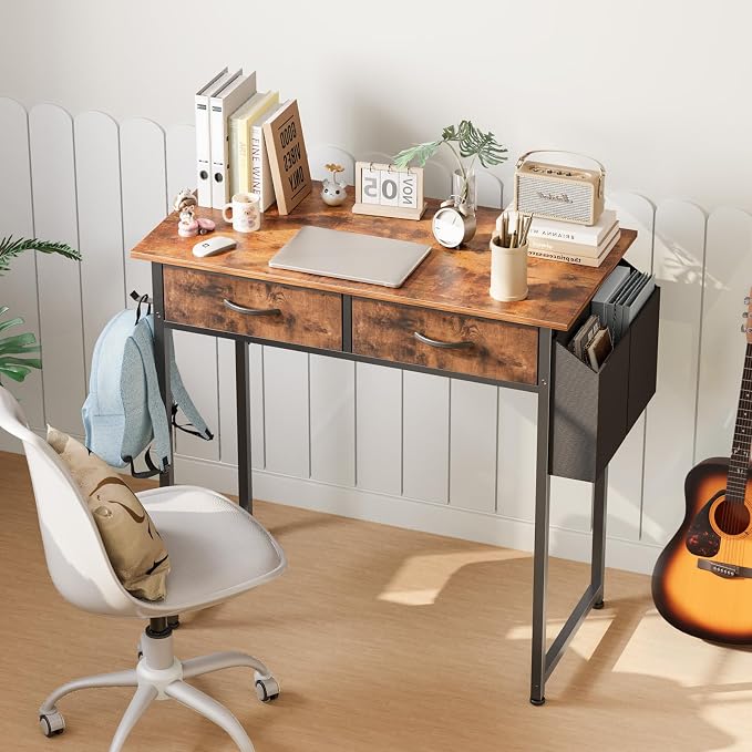 DUMOS 32" Home Office Computer Desk with Drawers, Small Gaming Writing Study Table with Storage Side Bag, Headphone Hook and Adjustable Feet for Bedroom Rustic Brown