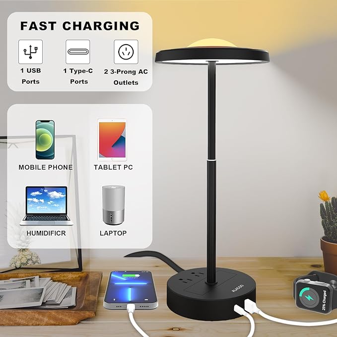 LED Table Lamp Dimmable Desk Lamp Reading Lamp with USB A & Type C Charging Port 2 Prong Outlet Power Touch Control Night Light Retractable for Bedroom, Living Room, Dorm, Study, Home Office