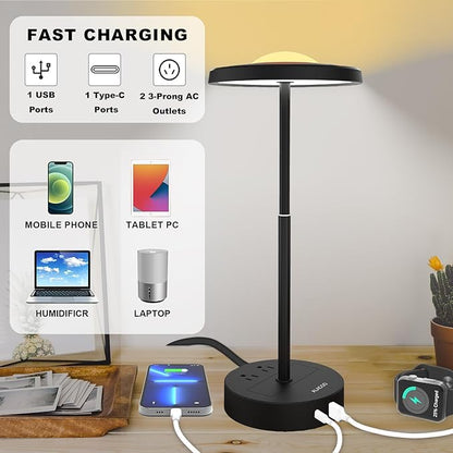 LED Table Lamp Dimmable Desk Lamp Reading Lamp with USB A & Type C Charging Port 2 Prong Outlet Power Touch Control Night Light Retractable for Bedroom, Living Room, Dorm, Study, Home Office