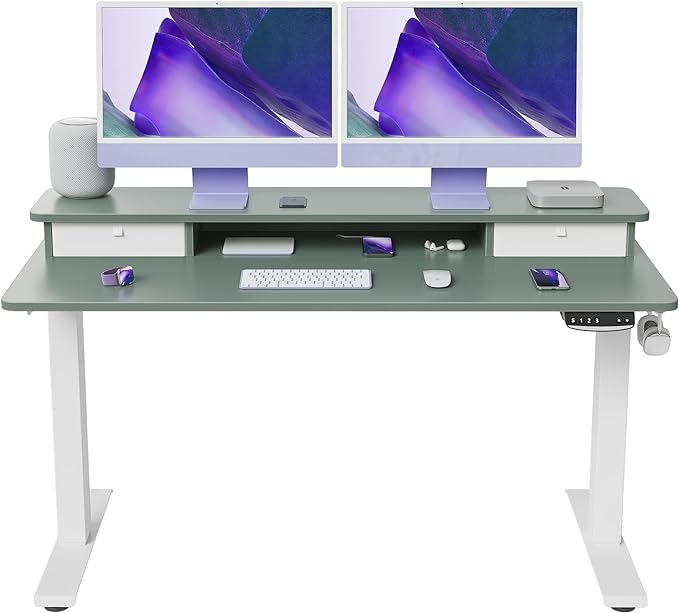 FEZIBO 55 x 24 Inch Height Adjustable Electric Standing Desk with Double Drawer, Stand Up Desk with Storage Shelf, Sit Stand Desk, Green