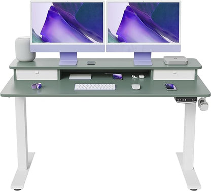 FEZIBO 55 x 24 Inch Height Adjustable Electric Standing Desk with Double Drawer, Stand Up Desk with Storage Shelf, Sit Stand Desk, Green