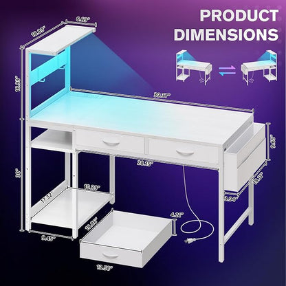 40 Inch Small Gaming Desk with Drawers & Led Lights & Storage Bag, White | Reversible Storage Shelf, Power Outlets, Wood Grain Gaming Table, Compact Computer Desk for Small Space, Bedroom, Home Office