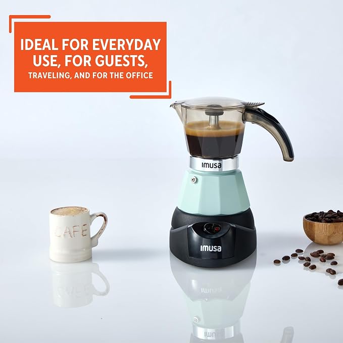 IMUSA 3 or 2 Cup Electric Espresso Maker with Cool-touch Handle, Mint | Polished Aluminum Finish, Keep Warm Function with Detachable Base, Brews Cuban and Italian Style, Perfect for Small Spaces