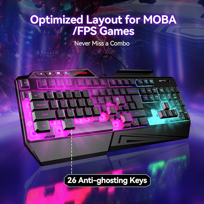 TECKNET Wired RGB Gaming Keyboard - 26-Key Anti-Ghosting, 13 Lighting Modes, Spill-Resistant, 108 Membrane Keys, Plug & Play - with Ergonomic Wrist Rest & Phone Holder for Windows/Mac (Black)