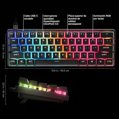 SteelSeries Apex Pro Mini Gen 3 OmniPoint 3.0 HyperMagnetic Switches — Adjustable Actuation — Rapid Trigger — Game-Ready Presets — Protection Mode — Rapid Tap/SOCD — RGB — PBT Keycaps — USB-C
