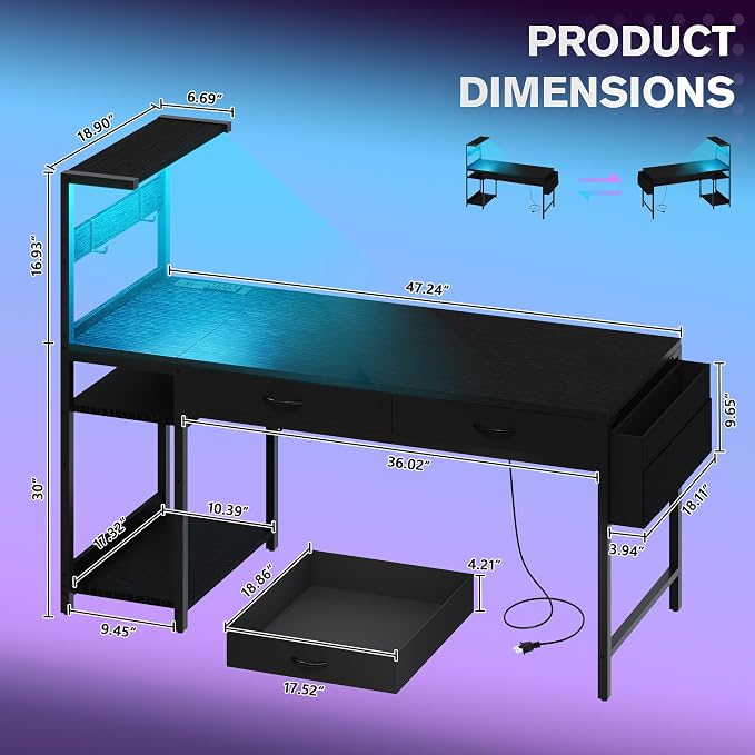 48 Inch Small Gaming Desk with Drawers & Led Lights & Storage Bag, Black | Reversible Storage Shelf, Power Outlets, Wood Grain Gaming Table, Compact Computer Desk for Small Space, Bedroom, Home Office