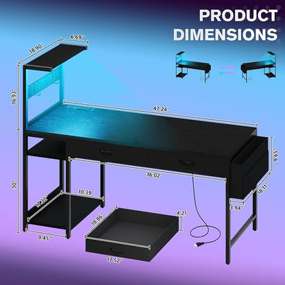 48 Inch Small Gaming Desk with Drawers & Led Lights & Storage Bag, Black | Reversible Storage Shelf, Power Outlets, Wood Grain Gaming Table, Compact Computer Desk for Small Space, Bedroom, Home Office