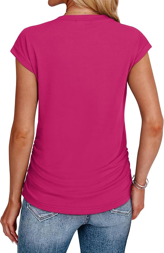 Sampeel Womens Summer Tops Trendy 2026 Ruched Cap Short Sleeve Tshirts Shirts Crew Neck T Shirts Fashion