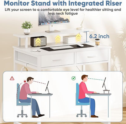 DUMOS 31-Inch Computer Desk with Drawers and Monitor Stand, White | Small Writing Desk for Home Office with Headphone Hook, Compact Study Table for Bedroom