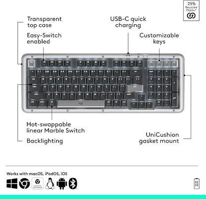 Logitech Alto Keys K98M Wireless Mechanical Gasket Keyboard - Graphite | Customizable, clicky, vibration absorbing gasket, white backlit keys, Bluetooth, USB-C charging, for PC, Mac, Laptops