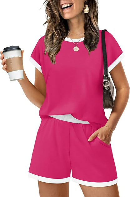 WIHOLL Two Piece Sets for Women Summer Lounge Short Sets Cap Sleeve Crew Neck Sweatsuit with Pocket XS-2XL