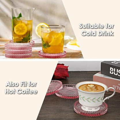 Modern Clear Coaster Set of 5- Glass Coasters for Drinks Crystal Coasters Round Cup Coaster Coffee Table Decor for Office, Kitchen, Bar, Dining Room, Living Room, Patio(Clear Pink)
