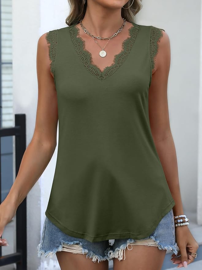 ANRABESS Womens Lace Trim Tank Tops V Neck Sleeveless Shirts 2026 Summer Casual Trendy Dressy Cami Top