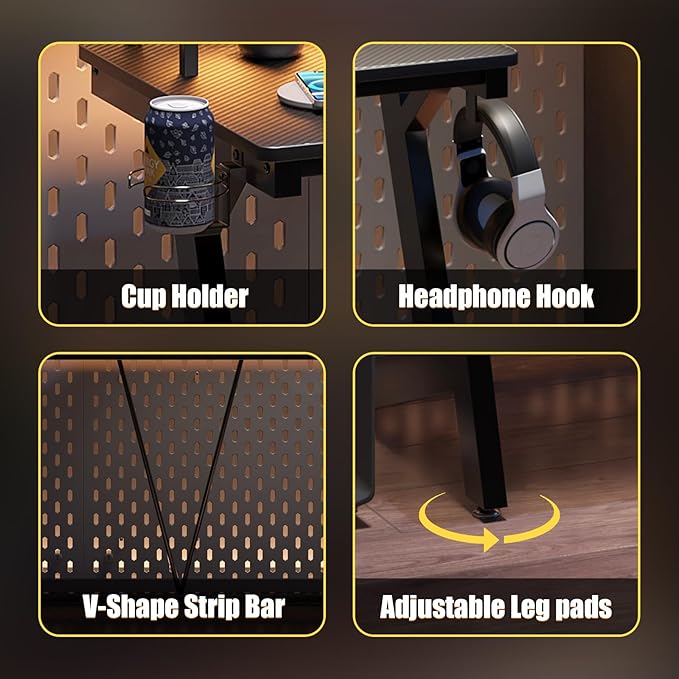 Gaming Desk with Power Outlets & Music Strip Lights,Computer Desk with Large Monitor Stand, PC Laptop Table for Small Spaces, Gamer Workstation with Cup Holder, Headphone Hook for Home Office