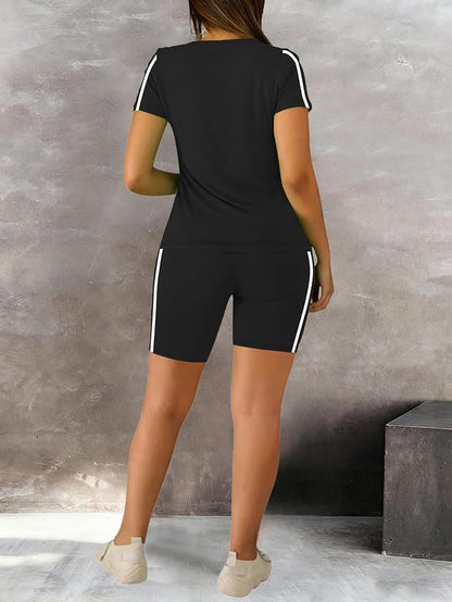 STOLKISS Women 2 piece Short Sets Classic Striped Outfits Summer Casual Short Sleeve T-Shirt and Short Jogger Tracksuits Sets