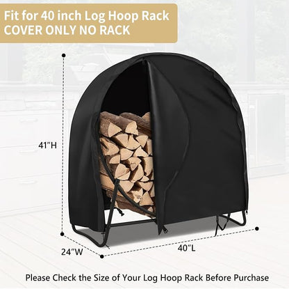 AKEfit 40 Inch Firewood Log Hoop Cover, Heavy Duty 600D Oxford Outdoor Waterproof Round Log Rack Cover with Zipper & 2 Windproof Buckle Straps & Drawstring,Round Firewood Rack Cover