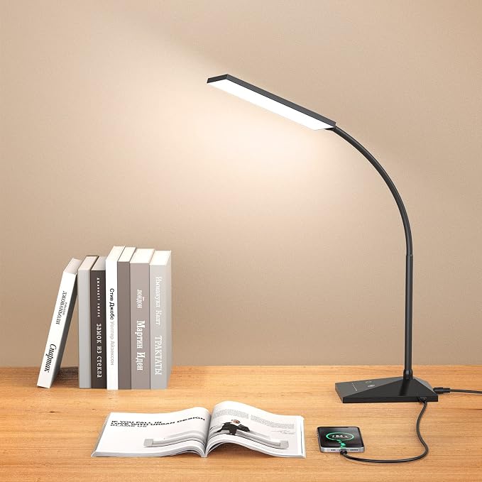 Vansuny LED Desk Lamp with USB Charging Port, Eye-Caring, 5 Color Modes,6 Brightness Levels, Touch Control, Adjustable Neck, Memory Function for Dorm Office Work Bedroom (12W,Black)