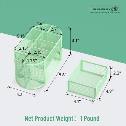 Mesh Desk Organizer with Drawer, 9-Compartment Pen Holder for Desk, Green | Pull-Out Drawer Stores Pens, Pencils, Clips, Notes, and Small Office or School Supplies in One Compact Desk Caddy