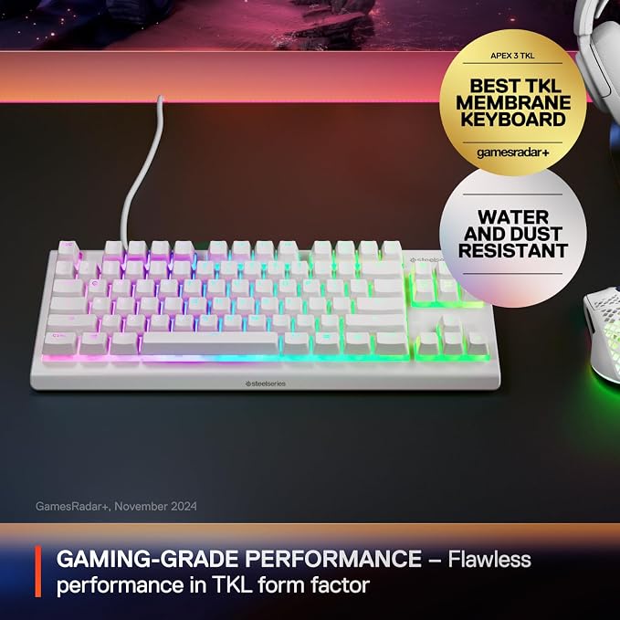 SteelSeries Apex 3 TKL White RGB Gaming Keyboard — Tenkeyless Compact Form Factor — 8-Zone RGB Illumination — Water and Dust Resistant — Whisper-Quiet Gaming Switch