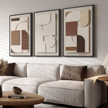 Large Framed 3D Textured Neutral Abstract Wall Art for Living Room, 3 Piece Modern Paintings Artwork for Walls, Minimalist Geometric Pictures for Hallway Office Dining Bedroom Wall Decor 24x36 In