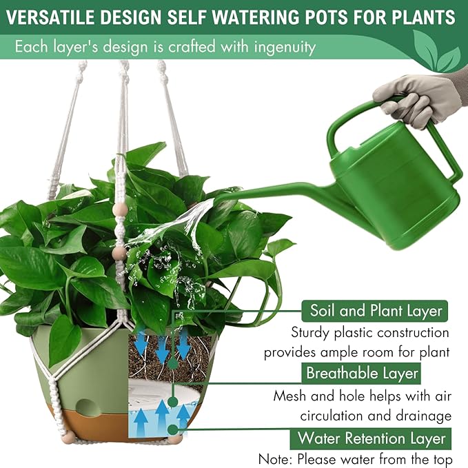 10 Inch Hanging Planters for Indoor Plants,Set of 2 Hanging Pots for Plants with Self-Watering, Outdoor Hanging Plant Pot with Drainage and 2 Kinds of Hanging Baskets Hangers for Home Decor and Garden