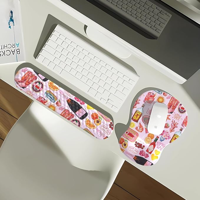 Cute Pink Mouse Pad and Keyboard with Wrist Rest Ergonomic Aesthetic Gaming Mouse Pads, Best Desk Decor Office Cute Pink Desk Accessories Mouse Pad with Wrist Rest, Vacation Style Soft Gel Material