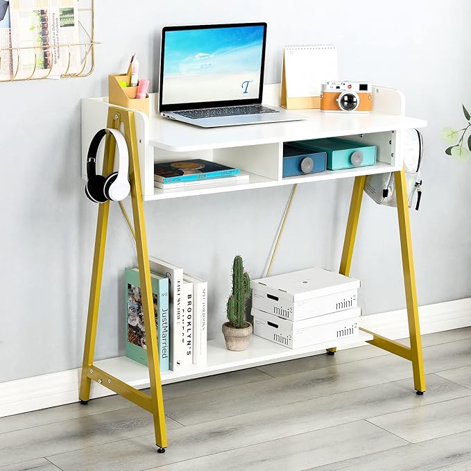 TEAMIX Small White Desk with Drawer and Shelf, Wood Computer Desk for Laptop PC, Gaming Desk with Hooks Vanity Makeup Desk for Girls Home Office Desk