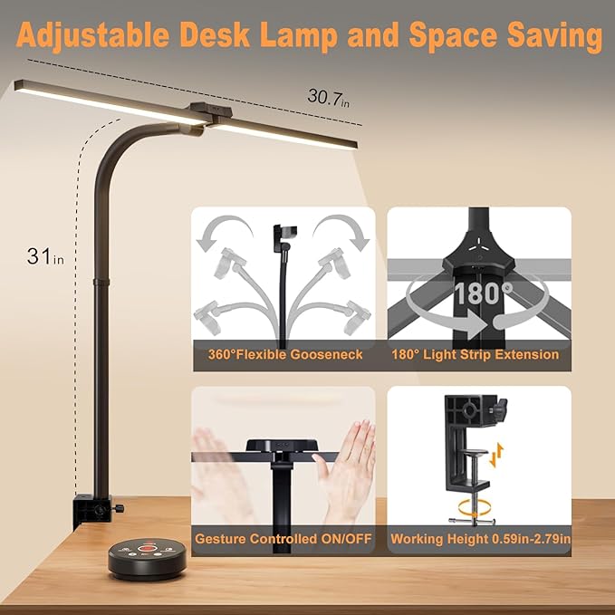 LED Desk Lamp for Office Home, Eye Caring Architect Desk Light with Clamp & Remote Control, Double Head 24W Bright Gooseneck Table Lamp for Dual Screen Computer Monitor Office Lighting Reading Study