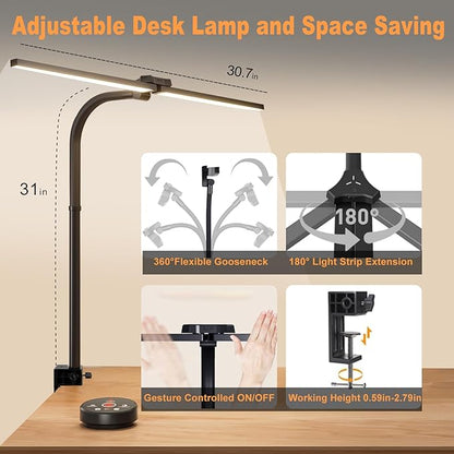 LED Desk Lamp for Office Home, Eye Caring Architect Desk Light with Clamp & Remote Control, Double Head 24W Bright Gooseneck Table Lamp for Dual Screen Computer Monitor Office Lighting Reading Study