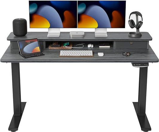 FEZIBO 55 x 24 Inch Height Adjustable Electric Standing Desk with Double Drawer, Stand Up Desk with Storage Shelf, Sit Stand Desk, Grey