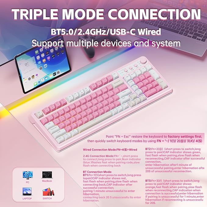 AULA 99 Key Keyboard, Wireless Pink Gaming Keyboard Creamy with Number Pad | Membrane Keyboard,RGB Backlit,Tri-Mode BT/2.4GHz/USB-C,2000mAh Rechargeable Thocky Clicky Creamy Sound Computer Keyboards
