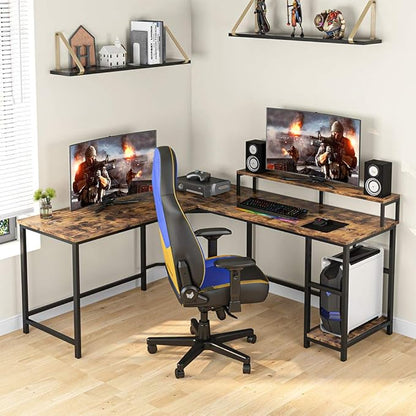 L-Shaped Computer Desk with Monitor Stand and Storage Shelves, Large Corner Desks for Home Office