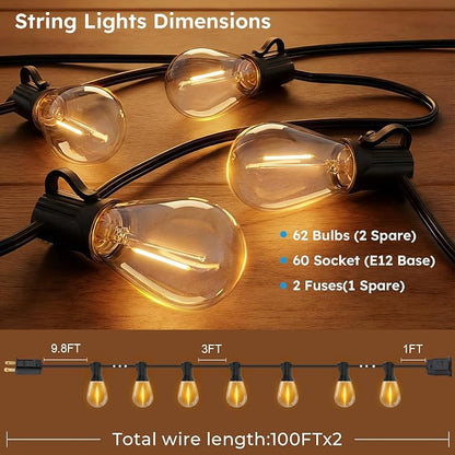 GvvooHome LED Outdoor String Lights, 200FT Waterproof Patio Lights with 62 Shatterproof S11 Plastic Bulbs, 2700K Warm White Edison Hanging Lights for Backyard, Garden, Porch, Bistro