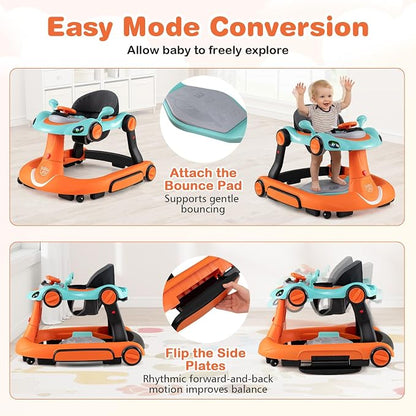 BABY JOY 7-in-1 Baby Walker, Foldable Baby Walker and Bouncer Combo with Handle, Adjustable Height & Speed, Music, Lights, Rocker/Push Mode, Baby Walker with Wheels for Boys Girls 7-18 Months (Orange)