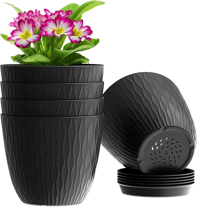6 inch Plant Pots, 5 Pack Flower Pots with Drainage Holes and Saucers for Indoor Plants, Plastic Planters with Water Ripple for Small Garden House Plants, Nursery Pots for Succulent, Black