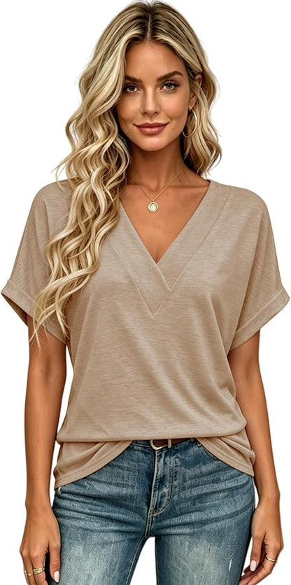 T Shirts Short Sleeve V Neck Tees Womens Tops Beach Vacation Fashion Clothes 2026 Casual Summer Spring Fall Outfits