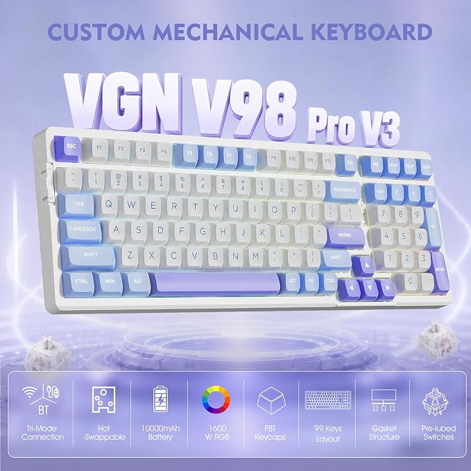 VGN V98ProV3 Gaming Keyboard, Tri-Mode Wireless Custom Mechanical Keyboard | Hot Swappable Gasket Keyboard , Bluetooth 2.4G USB-C, RGB Backlit Computer Keyboards for PC Mac, Pre-lubed Cow Switch, Purple