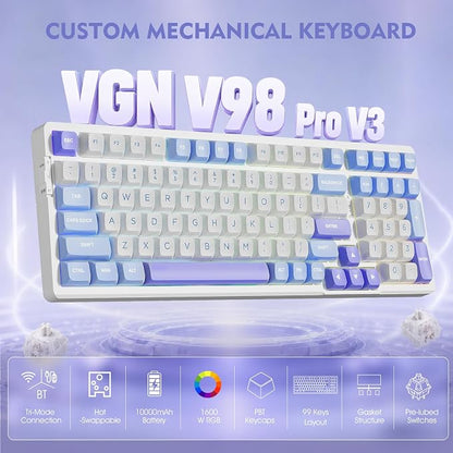 VGN V98ProV3 Gaming Keyboard, Tri-Mode Wireless Custom Mechanical Keyboard | Hot Swappable Gasket Keyboard , Bluetooth 2.4G USB-C, RGB Backlit Computer Keyboards for PC Mac, Pre-lubed Cow Switch, Purple